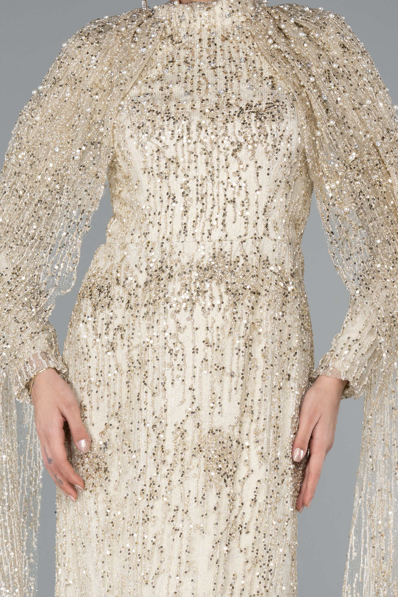 Gold Uzun Kol Şallı Dik Yaka Pullu Tesettür Abiye ABU4993 - Görsel 3