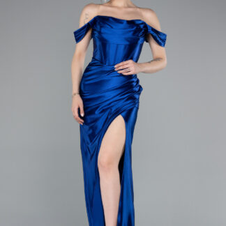 Saks Mavi Kayık Yaka Bacak Dekolteli Uzun Saten Abiye ABU3611