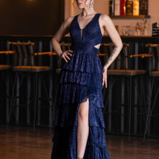 Lacivert Yırtmaçlı Etekleri Katlı Uzun Mezuniyet Elbisesi ABU5000