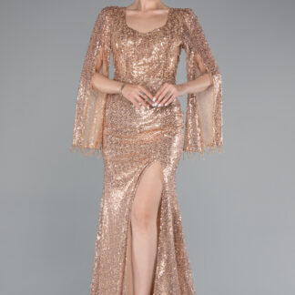 Gold Bacak Dekolteli Şal Kol Uzun Boncuklu Abiye ABU5002