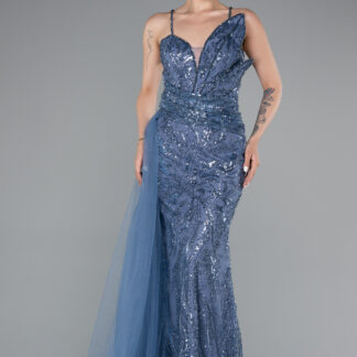 İndigo Askılı Kuyruklu Uzun Boncuklu Özel Tasarım Abiye Elbise ABU5003