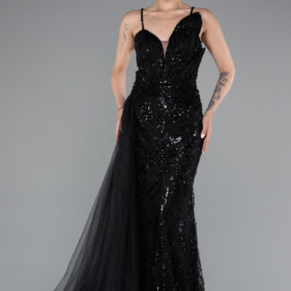 Siyah Askılı Kuyruklu Uzun Boncuklu Özel Tasarım Abiye Elbise ABU5003