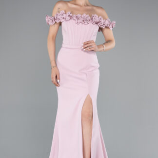 Pudra Balen Korse Çiçekli Kayık Yaka Yırtmaçlı Uzun Abiye ABU5004