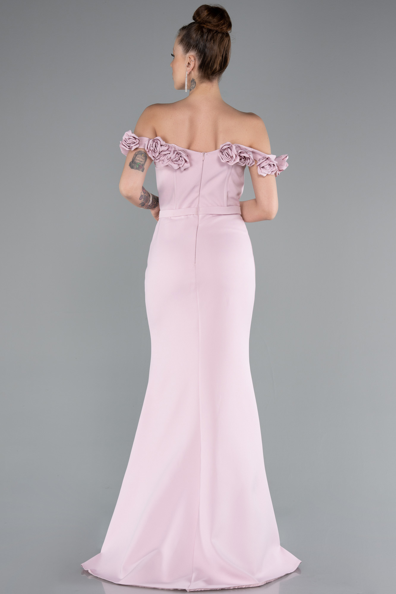 Pudra Balen Korse Çiçekli Kayık Yaka Yırtmaçlı Uzun Abiye ABU5004 - Görsel 2