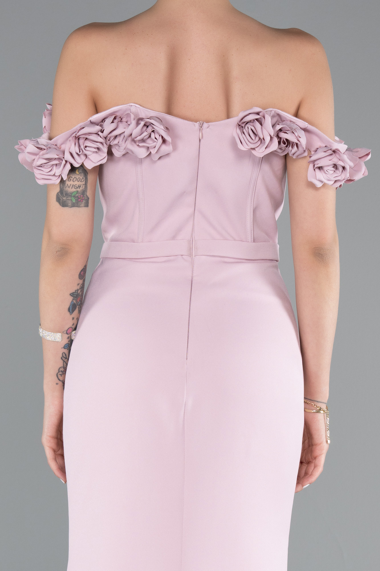 Pudra Balen Korse Çiçekli Kayık Yaka Yırtmaçlı Uzun Abiye ABU5004 - Görsel 4