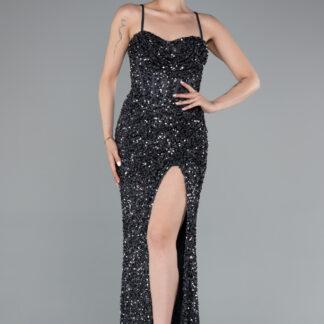 Antrasit Yırtmaçlı Göğüs Drapeli Uzun Pullu Abiye Elbise ABU4842