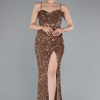 Bakır Yırtmaçlı Göğüs Drapeli Uzun Pullu Abiye Elbise ABU4842