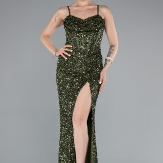 Haki Yırtmaçlı Göğüs Drapeli Uzun Pullu Abiye Elbise ABU4842