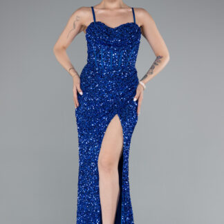 Saks Mavi Yırtmaçlı Göğüs Drapeli Uzun Pullu Abiye Elbise ABU4842