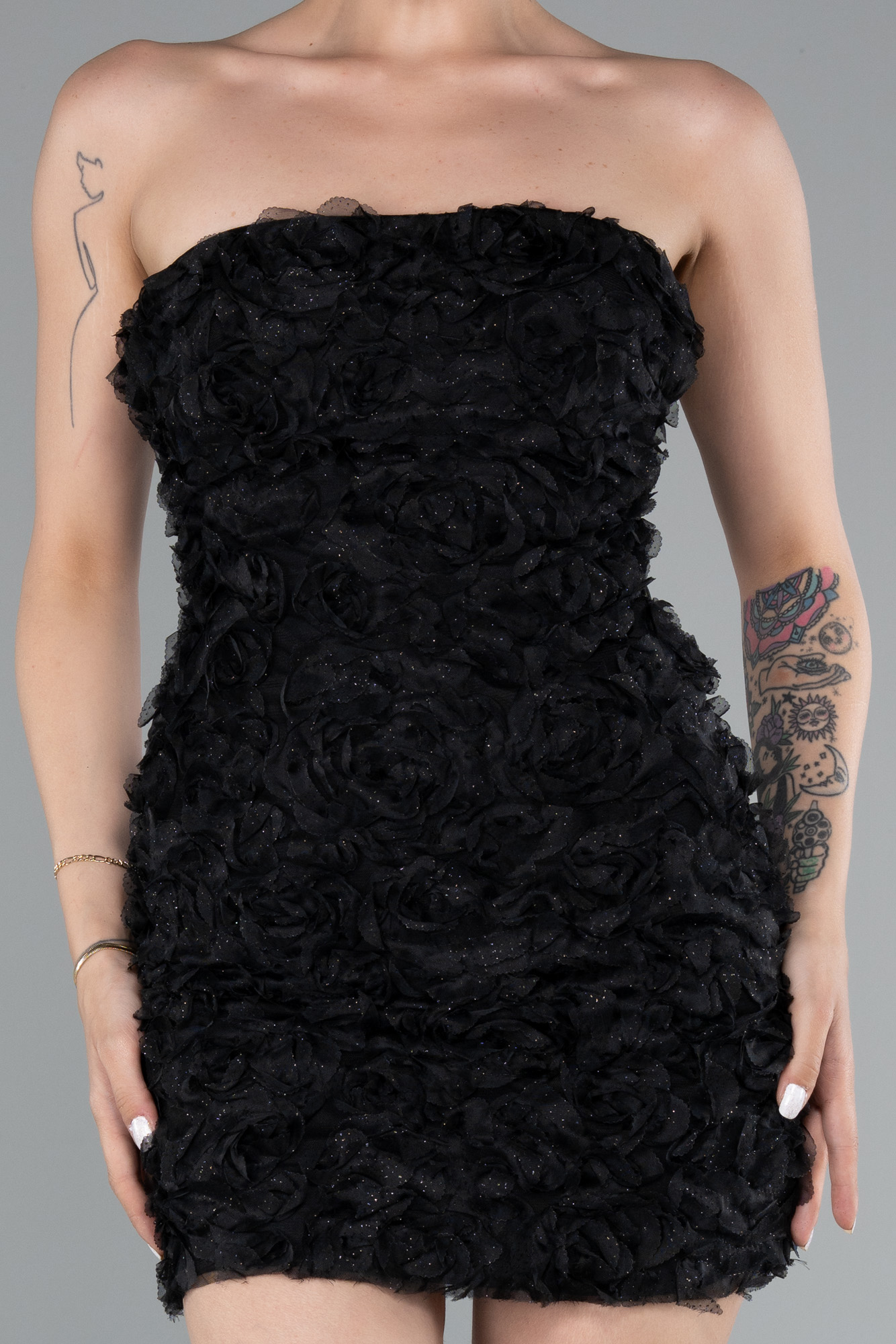 Siyah Straplez Çiçek Aplikeli Mini Davet Elbisesi ABK2359 - Görsel 3