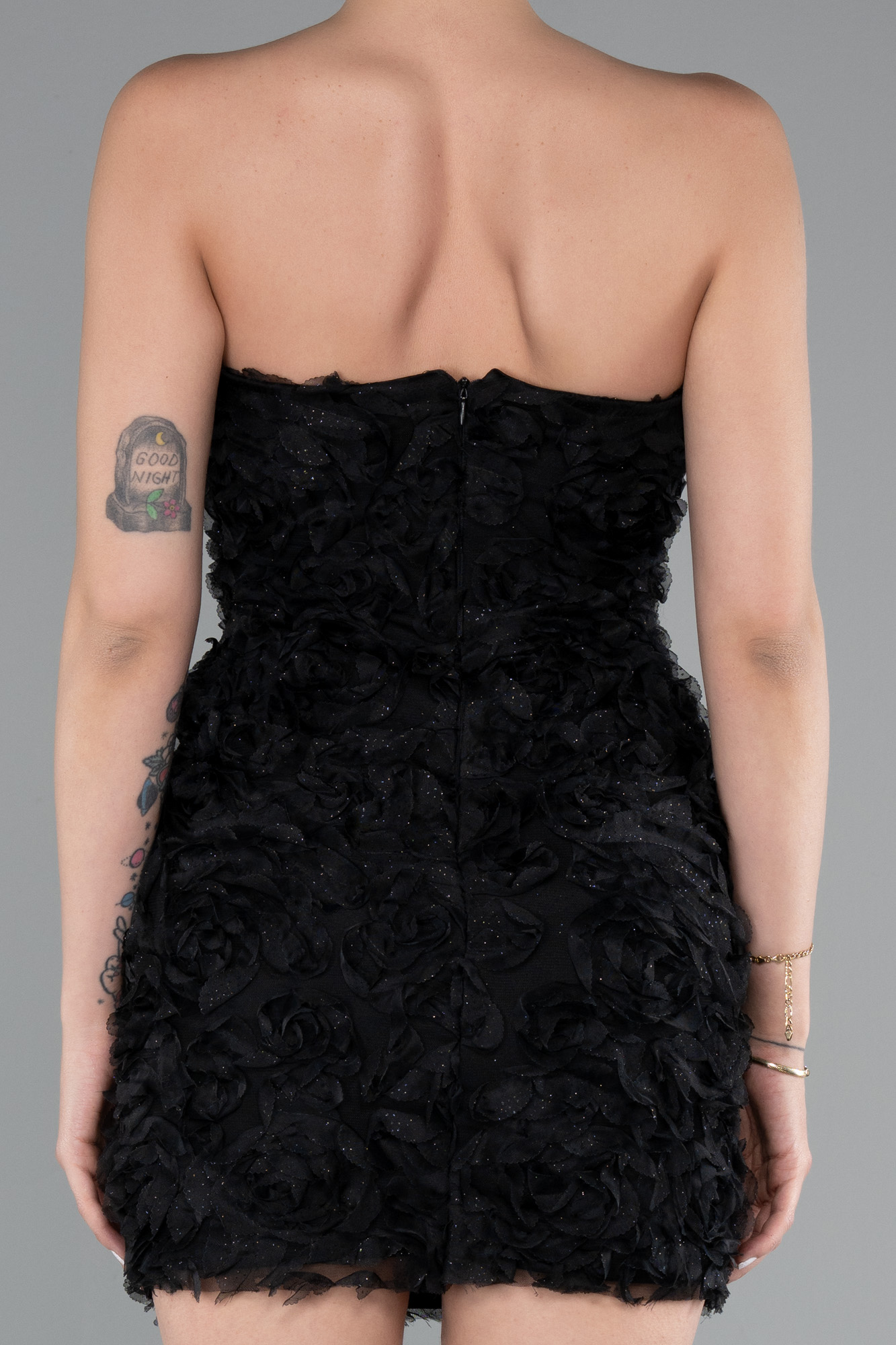 Siyah Straplez Çiçek Aplikeli Mini Davet Elbisesi ABK2359 - Görsel 4