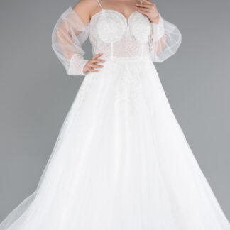 Ekru Omuz Dekolte Uzun Kol İşlemeli Büyük Beden Gelinlik ABG118