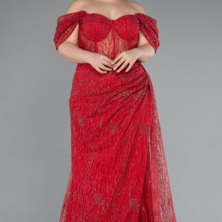 Kırmızı Kayık Yaka Uzun Simli Büyük Beden Abiye ABU3097