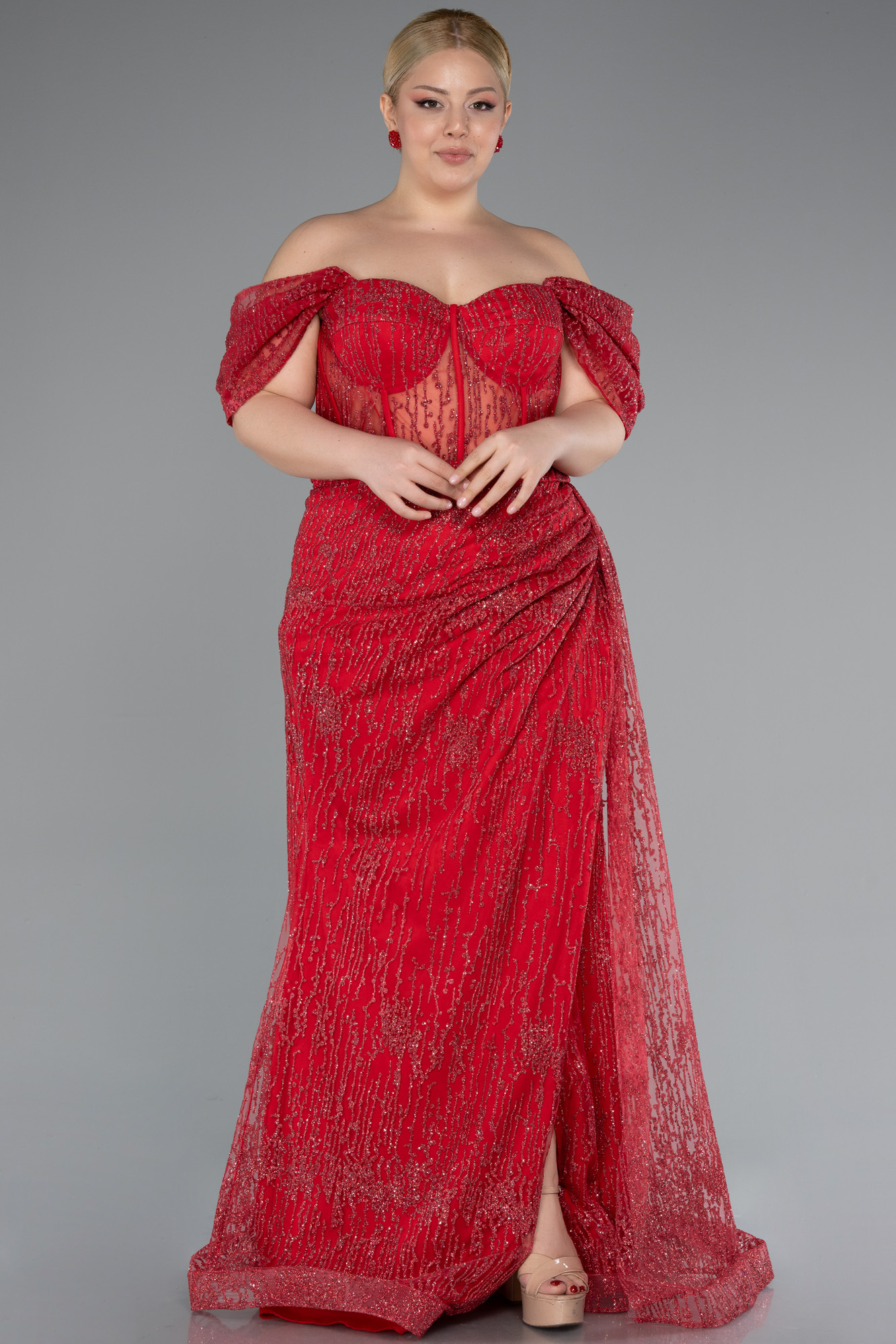 Kırmızı Kayık Yaka Uzun Simli Büyük Beden Abiye ABU3097