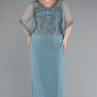 Firuze Taşlı V Yaka Kapri Kol Midi Büyük Beden Abiye ABK2333