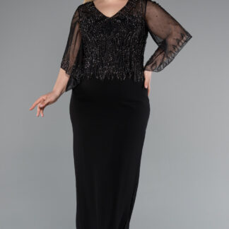 Siyah Taşlı V Yaka Kapri Kol Midi Büyük Beden Abiye ABK2333