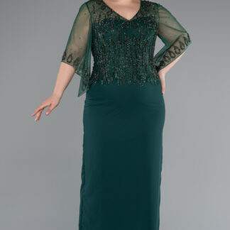 Zümrüt Yeşili V Yaka Kapri Kol Midi Büyük Beden Abiye ABK2333