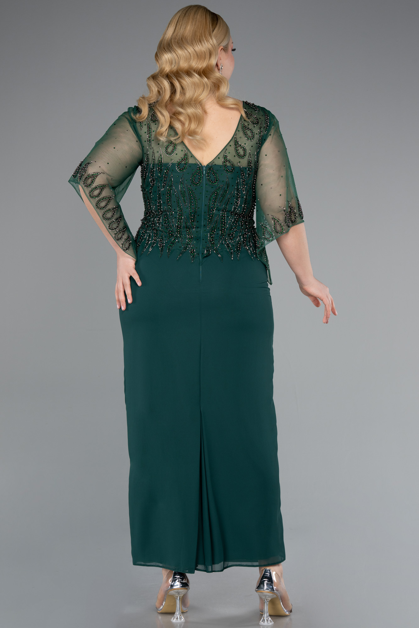 Zümrüt Yeşili V Yaka Kapri Kol Midi Büyük Beden Abiye ABK2333 - Görsel 2