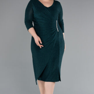 Zümrüt Yeşili Kapri Kol Midi Büyük Beden Davet Elbisesi ABK1950