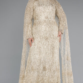 Gold Uzun Kol Şallı Pullu Büyük Beden Tesettür Abiye ABU4995