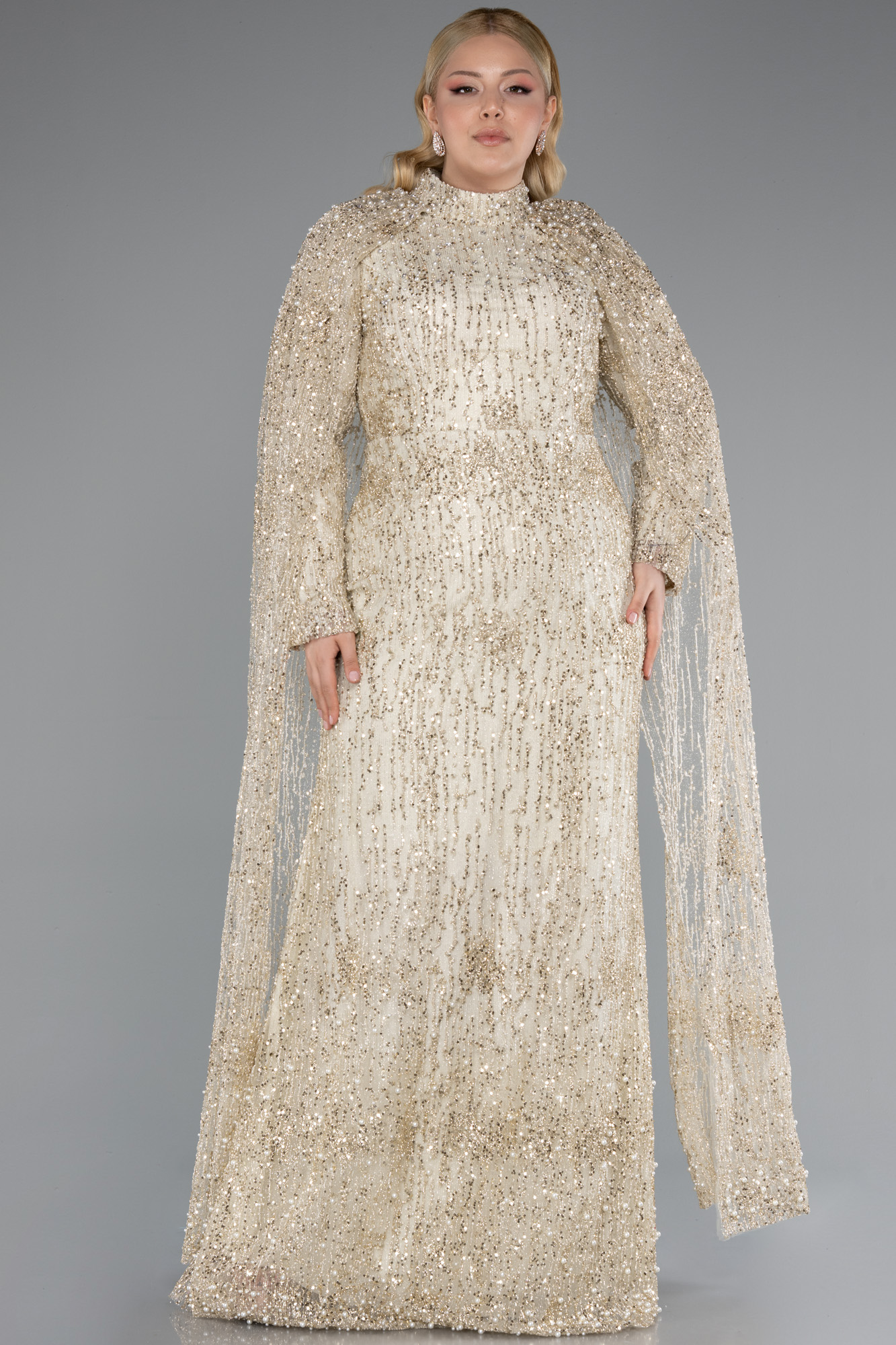 Gold Uzun Kol Şallı Pullu Büyük Beden Tesettür Abiye ABU4995