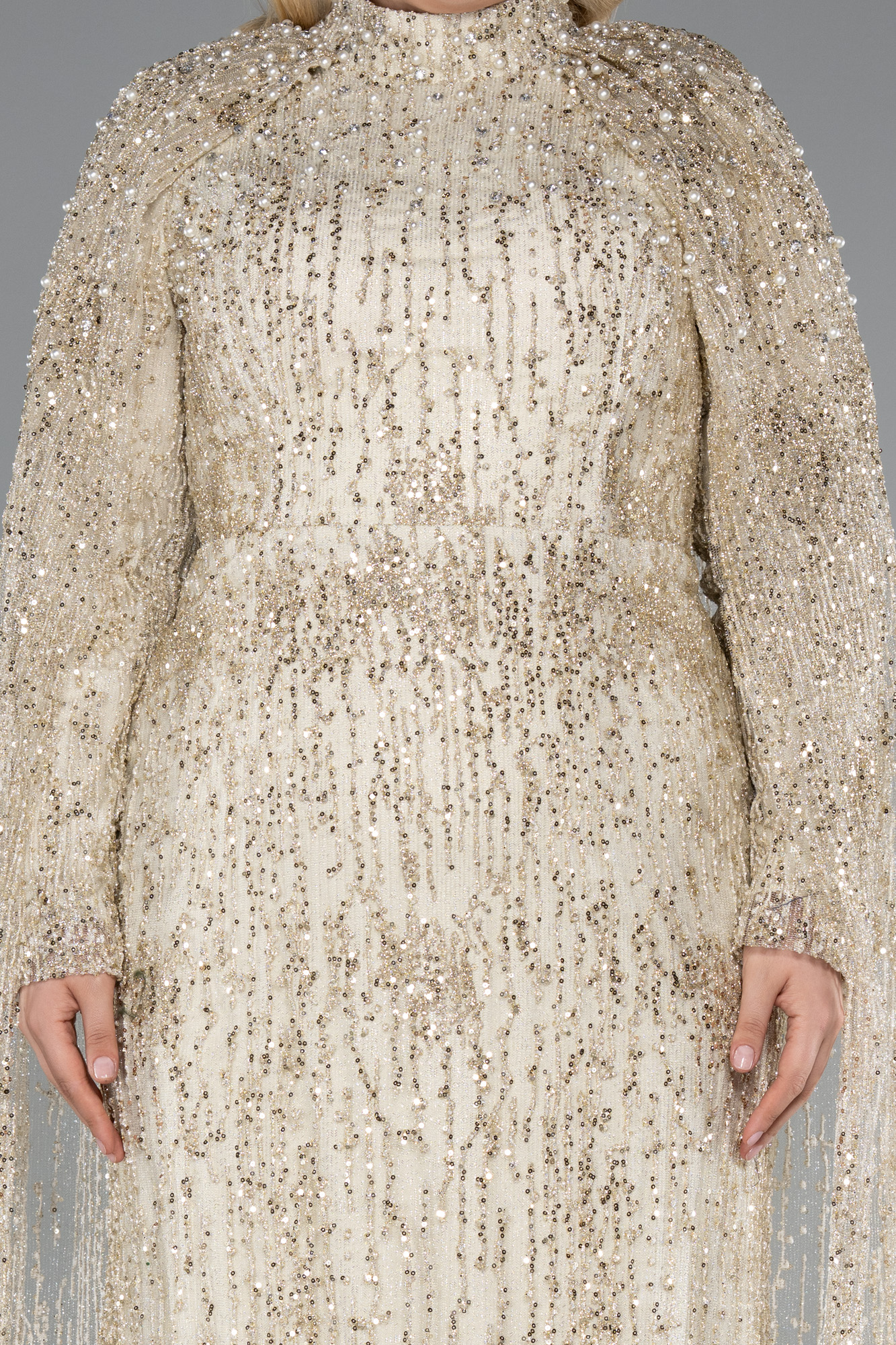 Gold Uzun Kol Şallı Pullu Büyük Beden Tesettür Abiye ABU4995 - Görsel 3