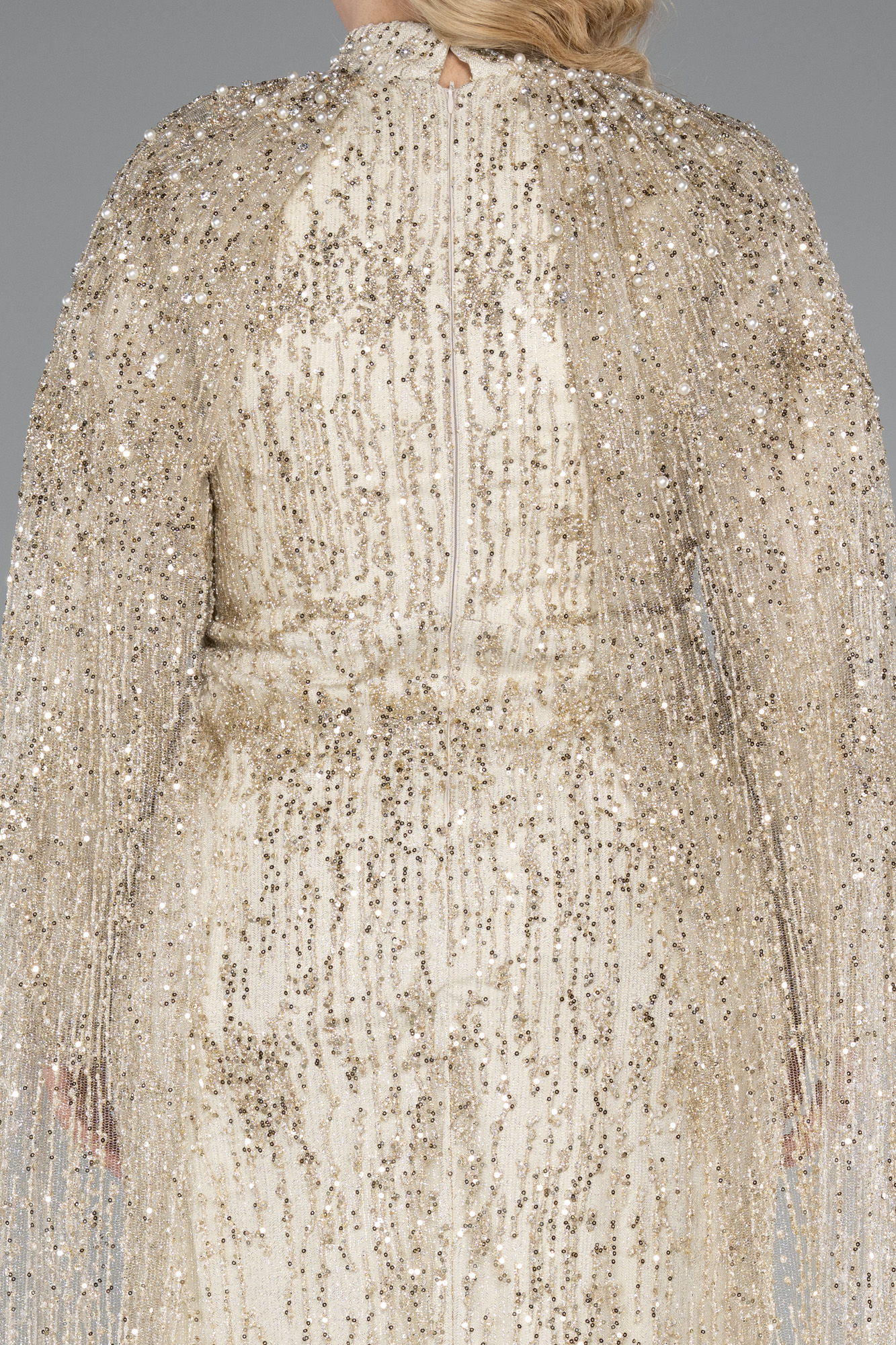 Gold Uzun Kol Şallı Pullu Büyük Beden Tesettür Abiye ABU4995 - Görsel 4