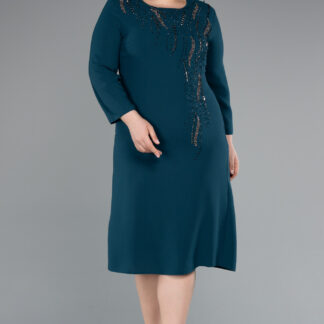 Zümrüt Yeşili Kapri Kol Taşlı Midi Büyük Beden Davet Elbisesi ABK2197