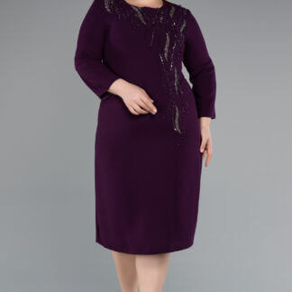 Mor Kapri Kol Taşlı Midi Büyük Beden Davet Elbisesi ABK2197