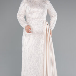 Bej Dik Yaka Boncuklu Uzun Kol Büyük Beden Tesettür Abiye ABU4942