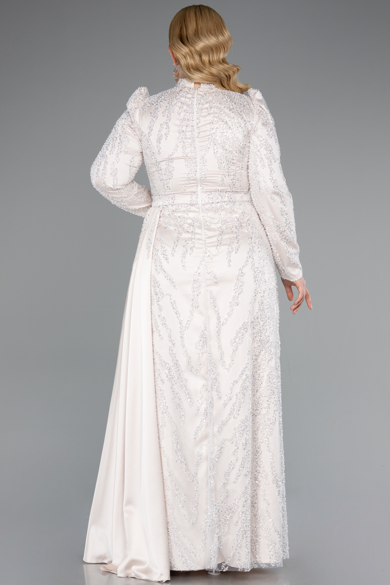 Bej Dik Yaka Boncuklu Uzun Kol Büyük Beden Tesettür Abiye ABU4942 - Görsel 2