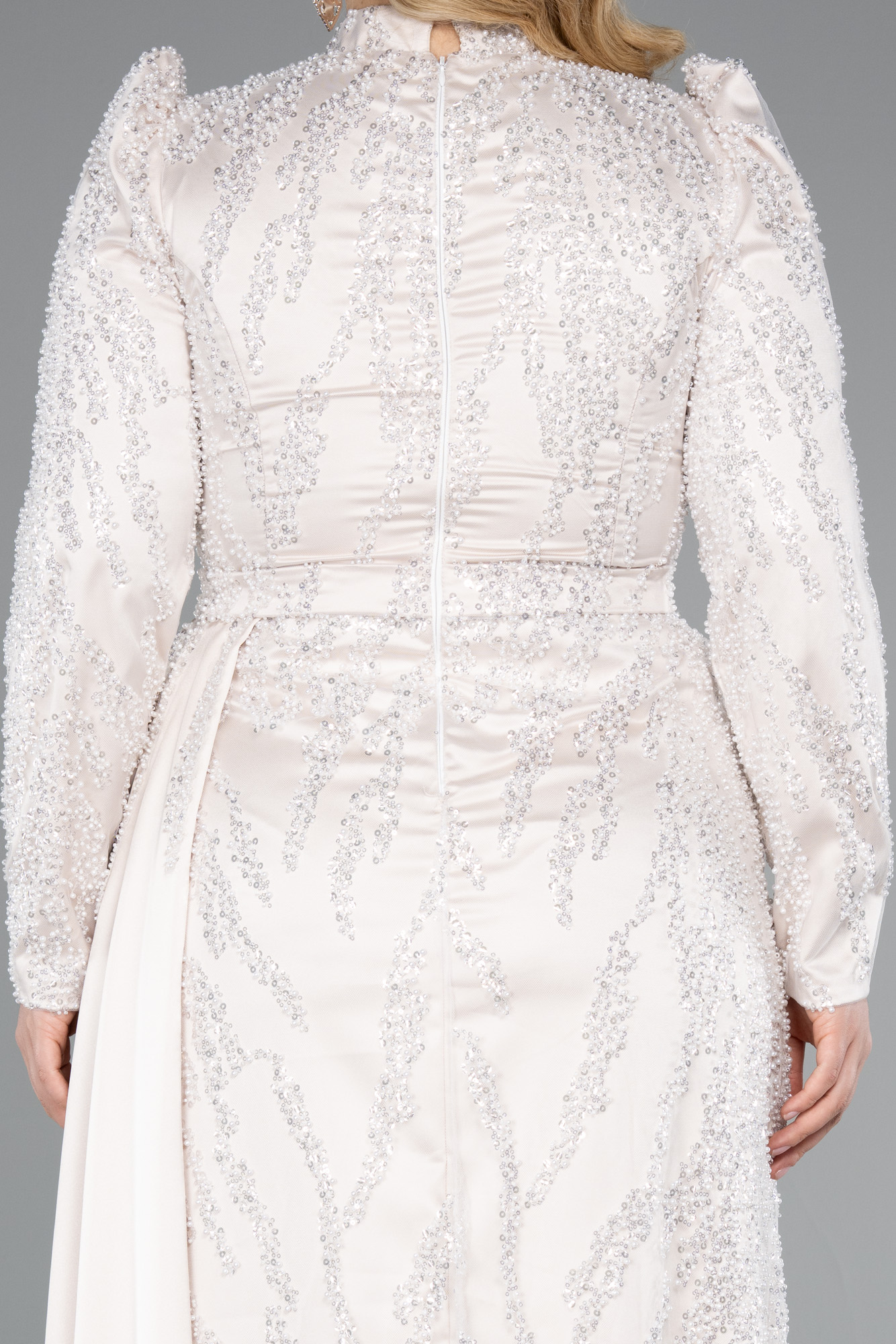 Bej Dik Yaka Boncuklu Uzun Kol Büyük Beden Tesettür Abiye ABU4942 - Görsel 4