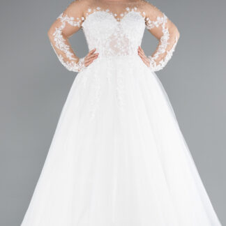 Ekru Uzun Kol Boncuklu Çiçek İşlemeli Büyük Beden Gelinlik ABG041