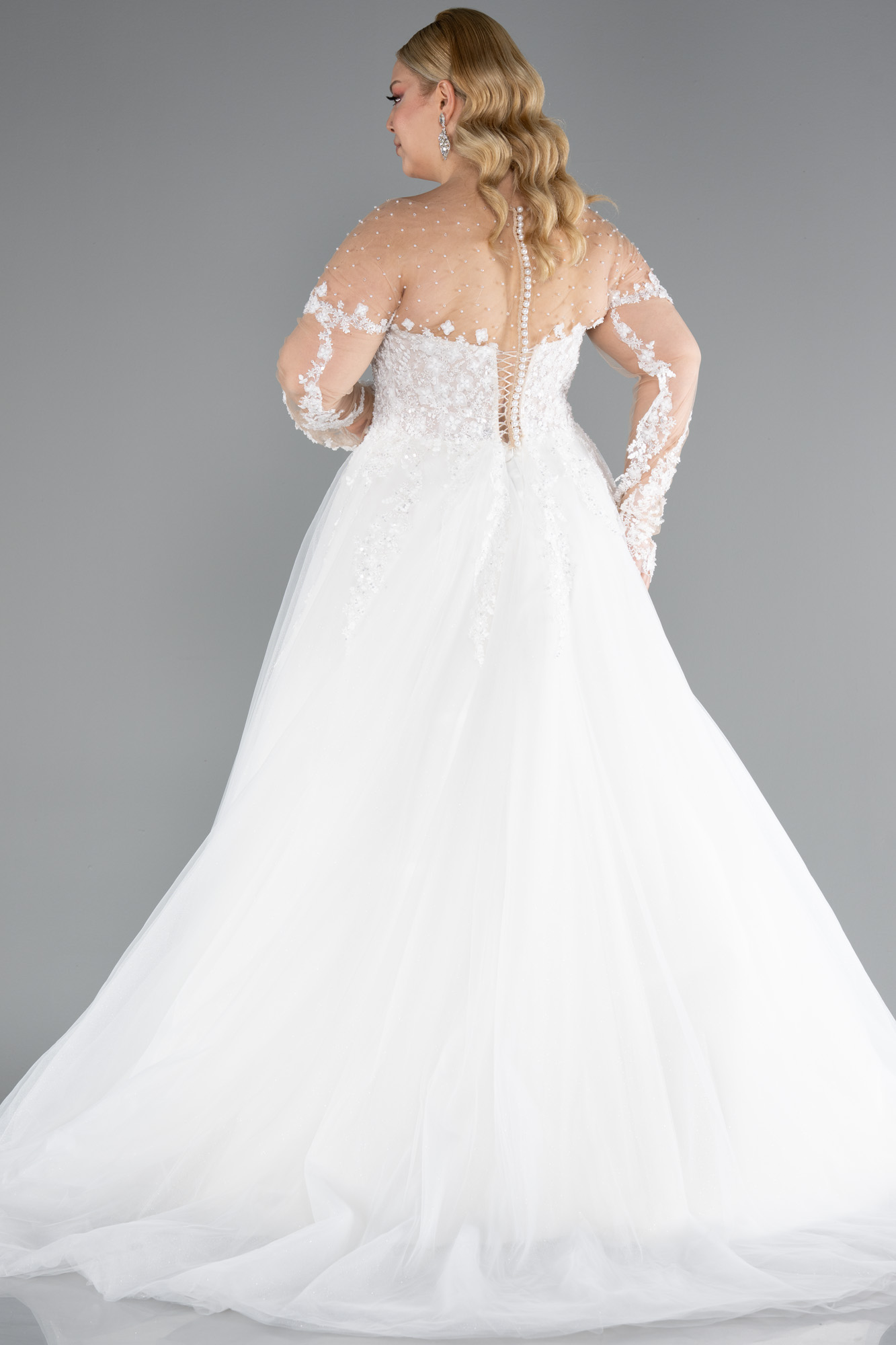 Ekru Uzun Kol Boncuklu Çiçek İşlemeli Büyük Beden Gelinlik ABG041 - Görsel 2