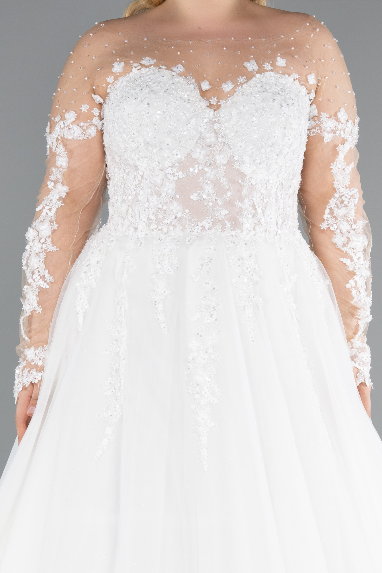 Ekru Uzun Kol Boncuklu Çiçek İşlemeli Büyük Beden Gelinlik ABG041 - Görsel 3