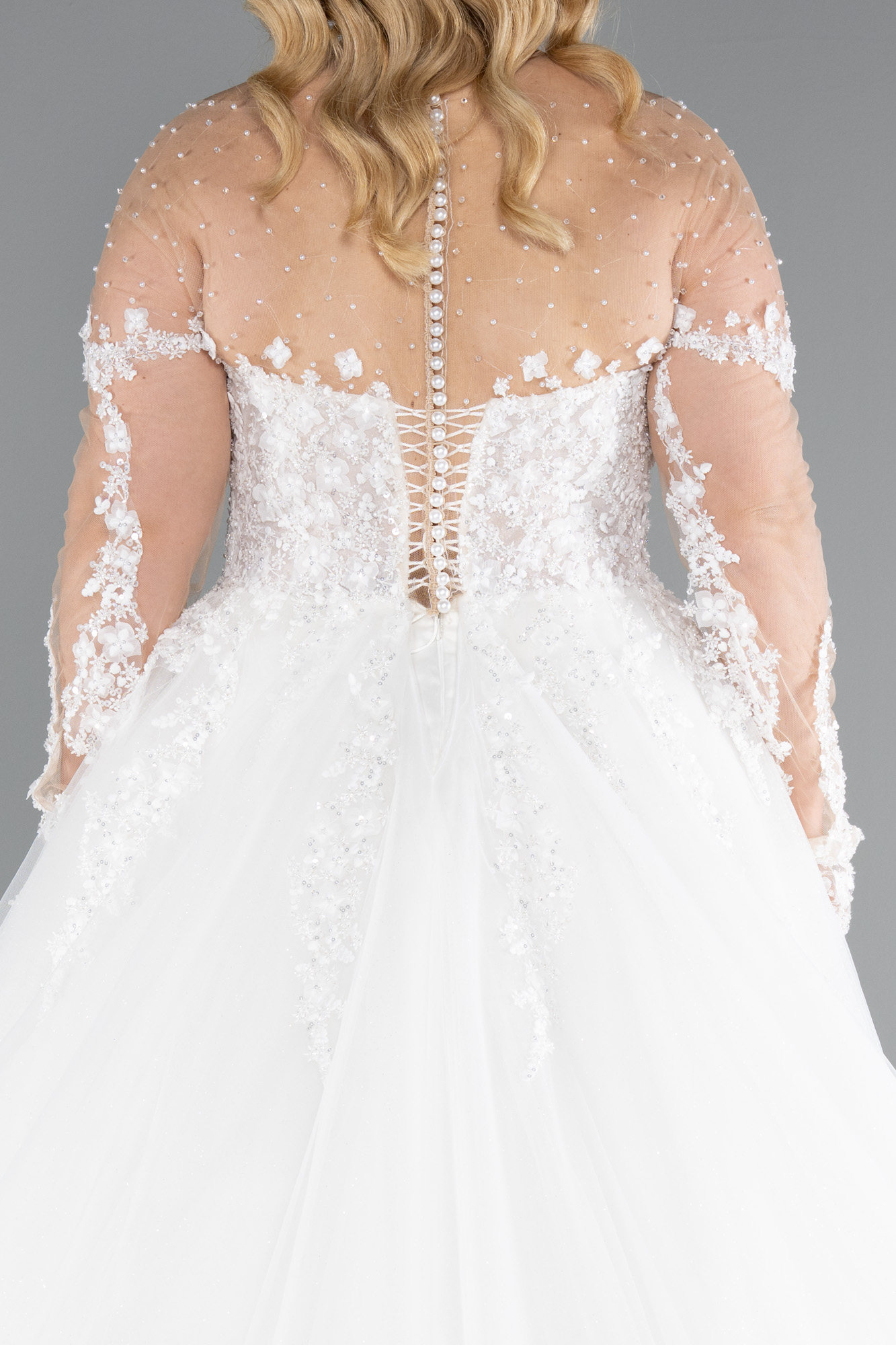 Ekru Uzun Kol Boncuklu Çiçek İşlemeli Büyük Beden Gelinlik ABG041 - Görsel 4