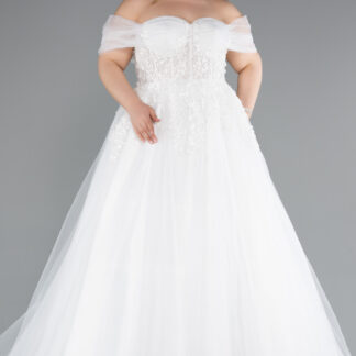 Ekru Kayık Yaka İşlemeli Balenli Uzun Büyük Beden Gelinlik ABG147