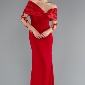 Kırmızı Güpürlü Kayık Yaka Uzun Kol Balık Abiye ABU4343