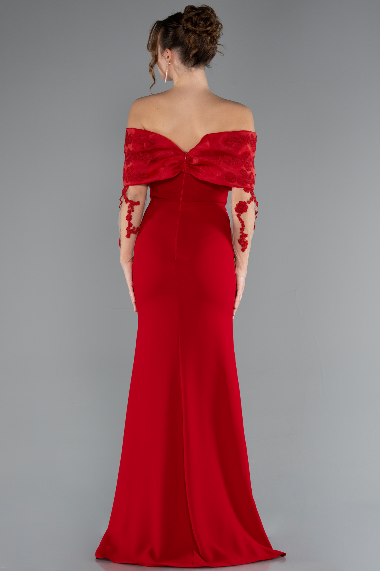 Kırmızı Güpürlü Kayık Yaka Uzun Kol Balık Abiye ABU4343 - Görsel 2