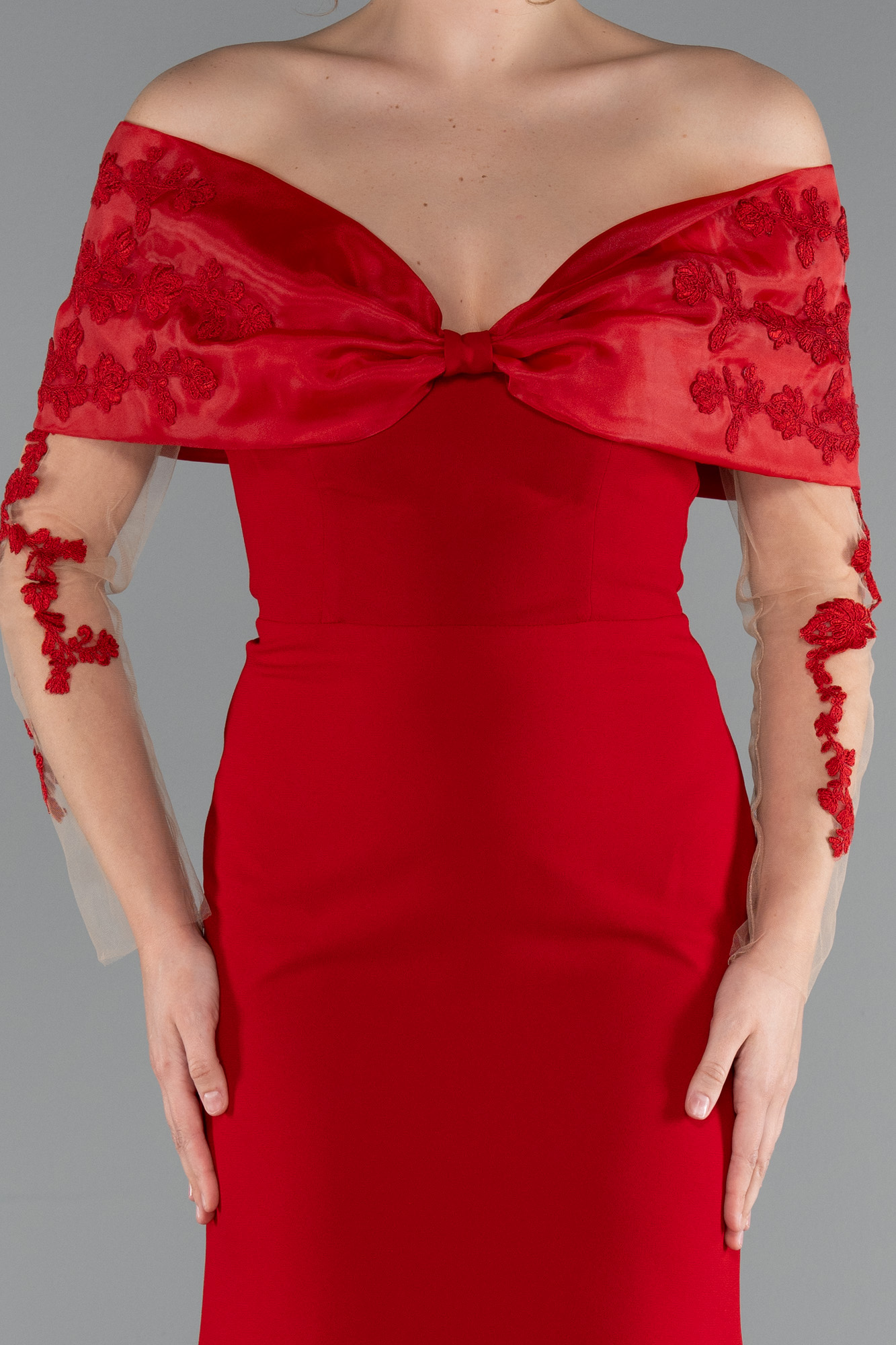 Kırmızı Güpürlü Kayık Yaka Uzun Kol Balık Abiye ABU4343 - Görsel 3