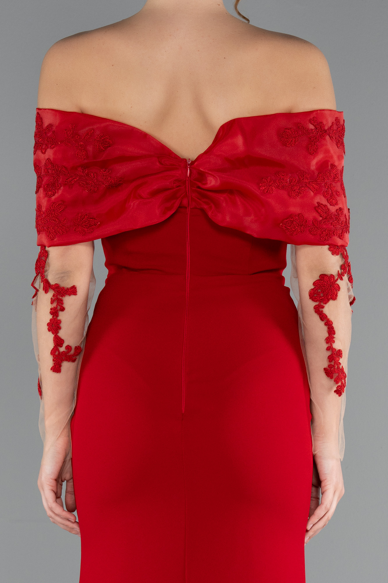 Kırmızı Güpürlü Kayık Yaka Uzun Kol Balık Abiye ABU4343 - Görsel 4