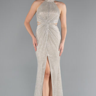 Bej Halter Yaka Bacak Dekolteli Uzun Simli Abiye ABU4324