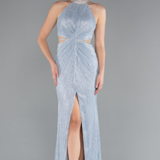 Buz Mavisi Halter Yaka Bacak Dekolteli Uzun Simli Abiye ABU4324
