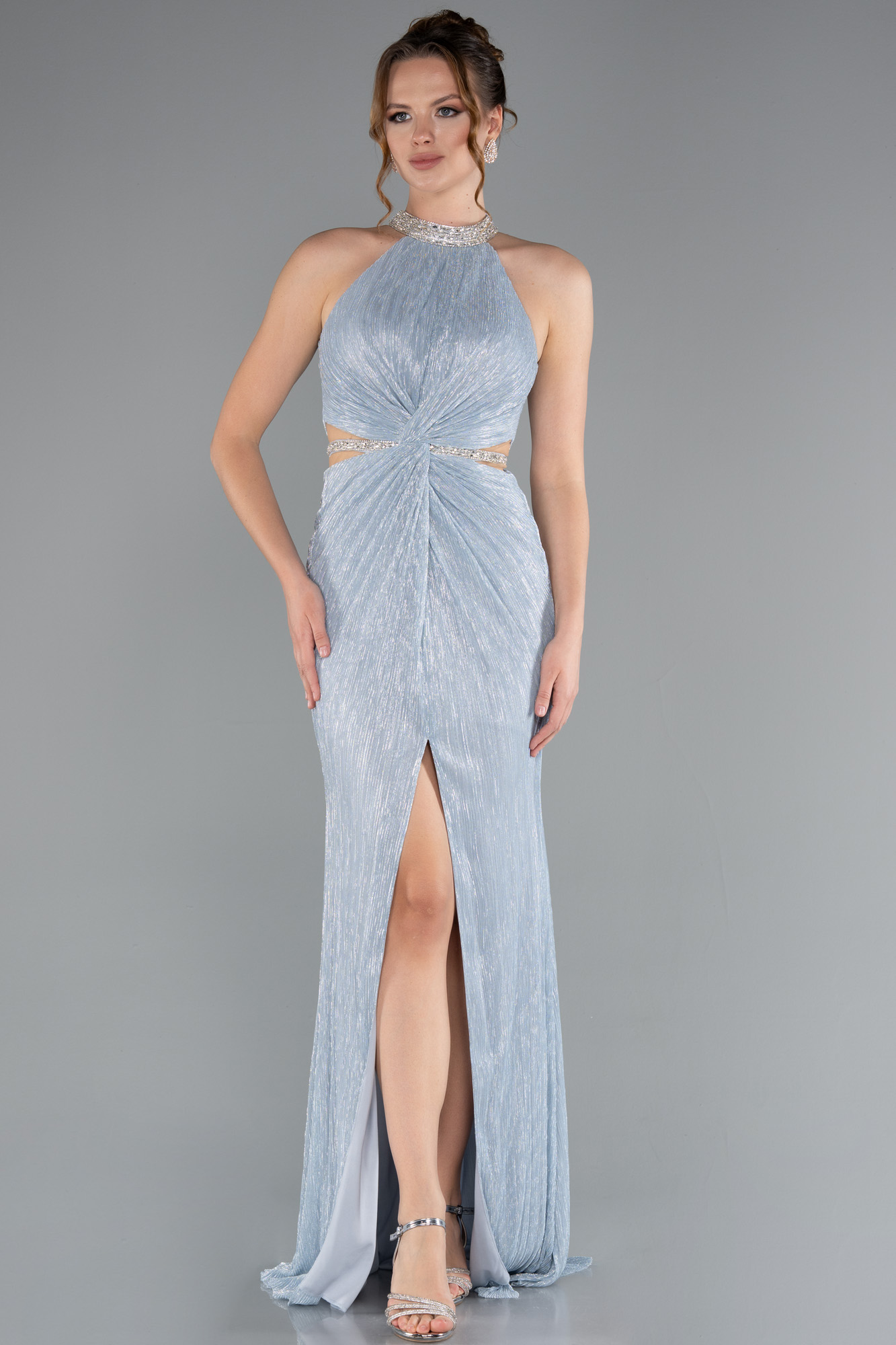 Buz Mavisi Halter Yaka Bacak Dekolteli Uzun Simli Abiye ABU4324