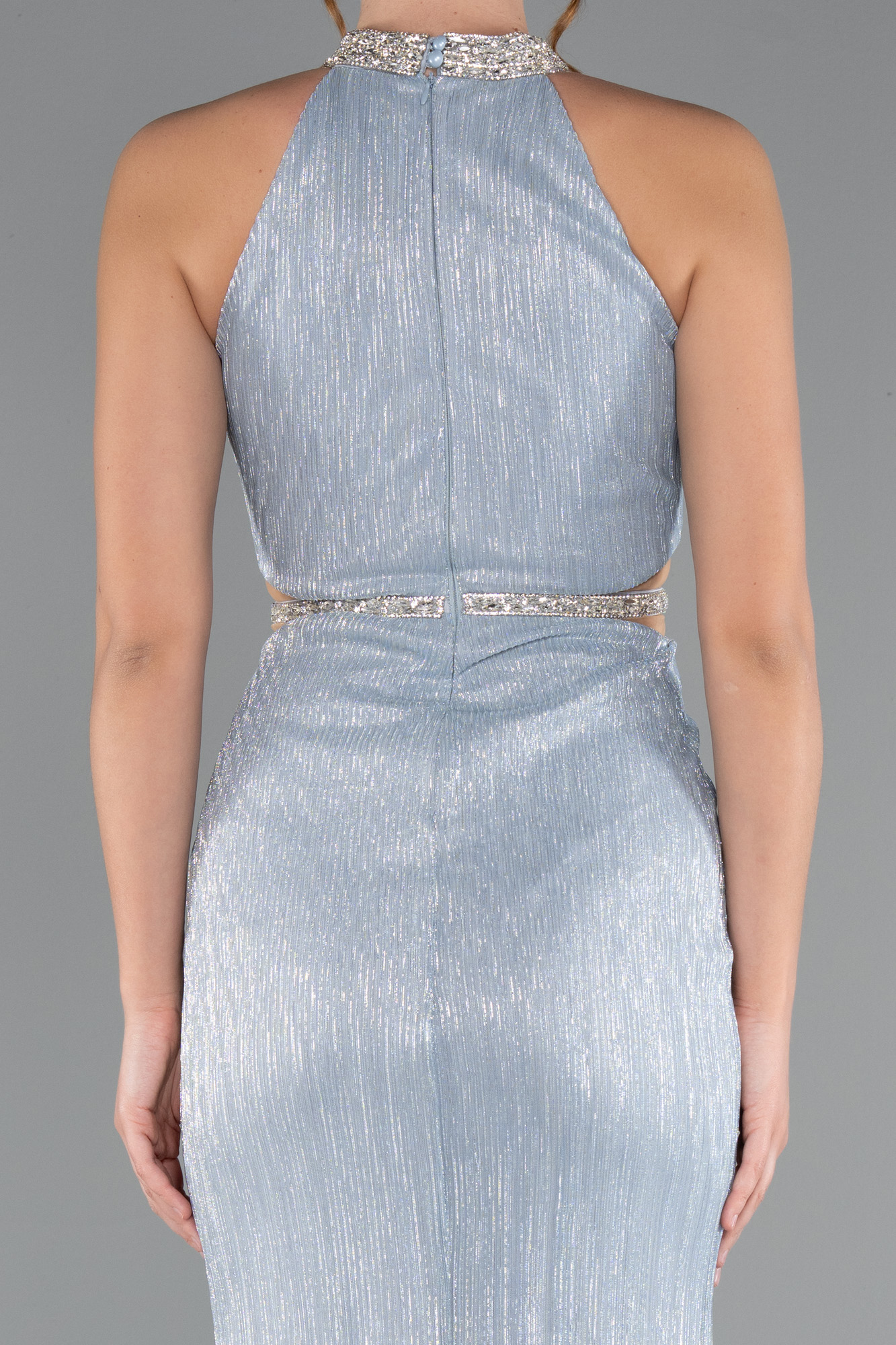 Buz Mavisi Halter Yaka Bacak Dekolteli Uzun Simli Abiye ABU4324 - Görsel 4