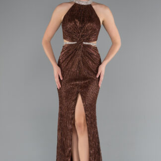 Kahve Halter Yaka Bacak Dekolteli Uzun Simli Abiye ABU4324