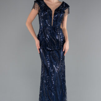 Lacivert Boncuk Detaylı V Yaka Uzun Pullu Özel Tasarım Abiye ABU5312