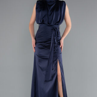 Lacivert Dik Yaka Kolsuz Uzun Saten Abiye Elbise ABU2133