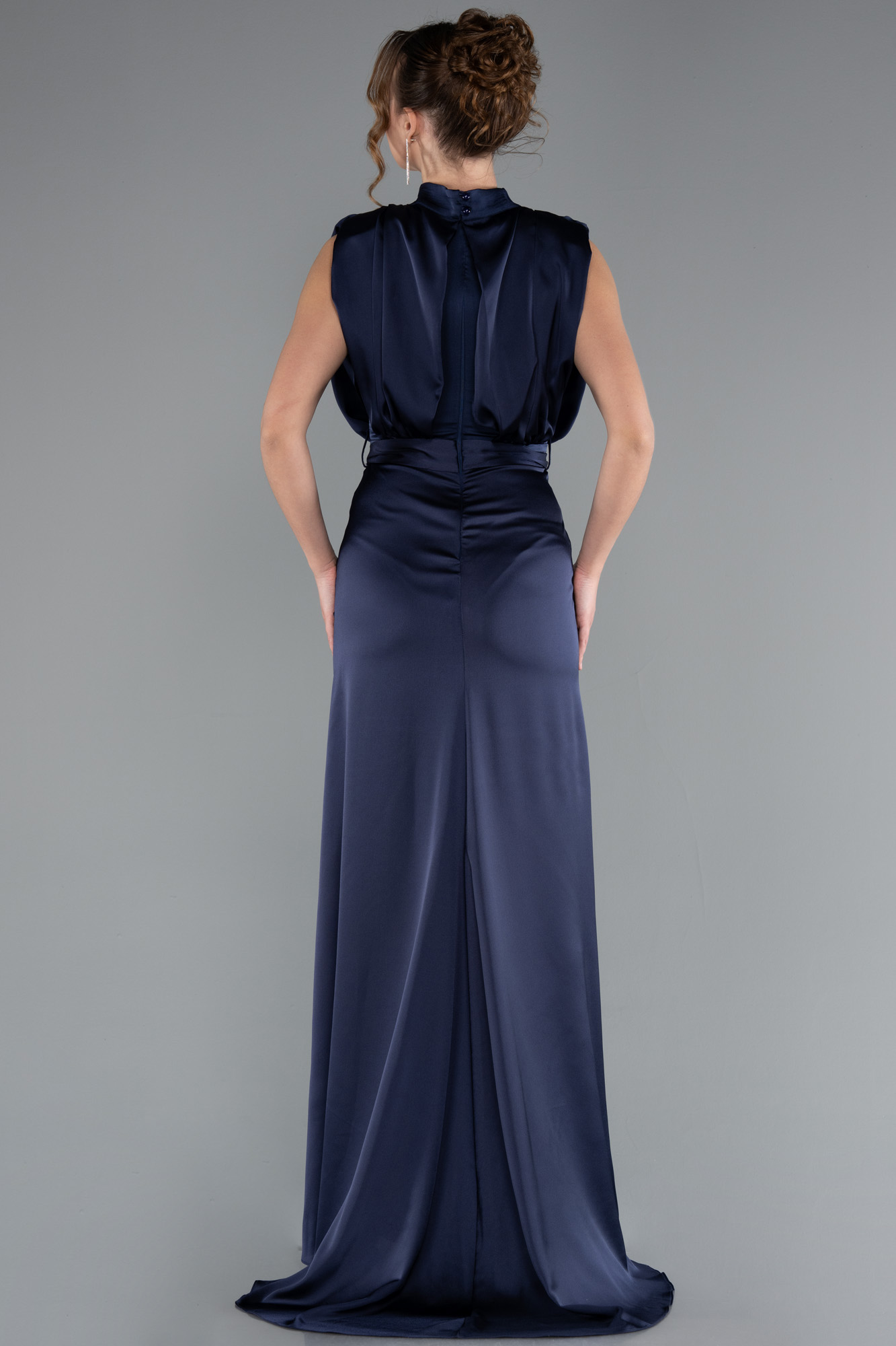 Lacivert Dik Yaka Kolsuz Uzun Saten Abiye Elbise ABU2133 - Görsel 2