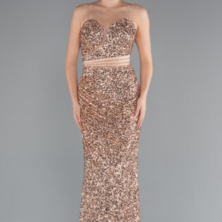 Gold Straplez Uzun Pullu Abiye Elbise ABU5014